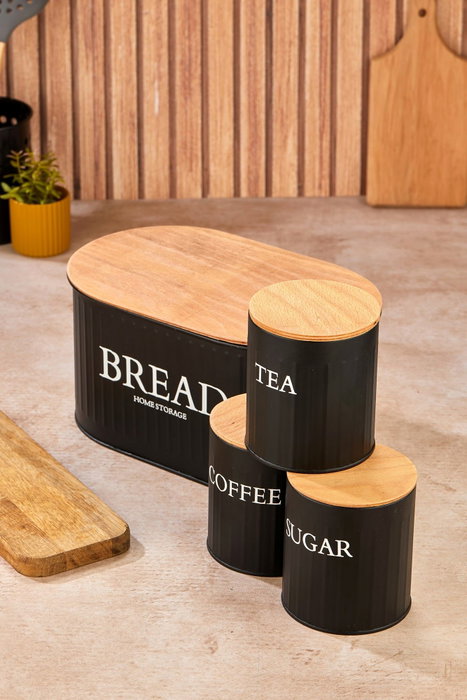 Hermia Juego de 4 Cajas de Almacenamiento de Metal con Tapas de Madera, Negro Hermia Juego de 4 Cajas de Almacenamiento de Metal con Tapas de Madera, Negro